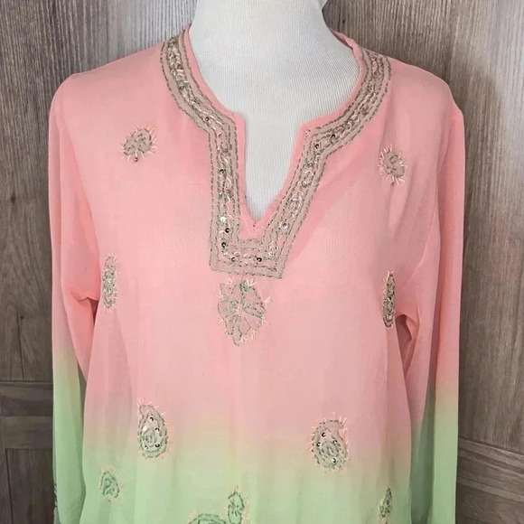Elegant BohemianPeach and Green Embroidered sequin  Women's Top tunic - Picture 3 of 8